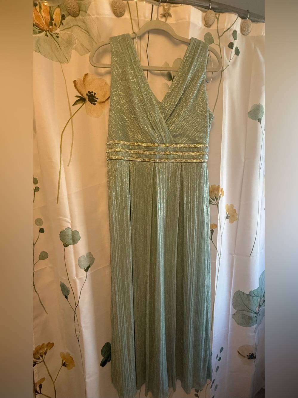 R&M Richards Metallic Sage Green V-Neck Maxi Dress